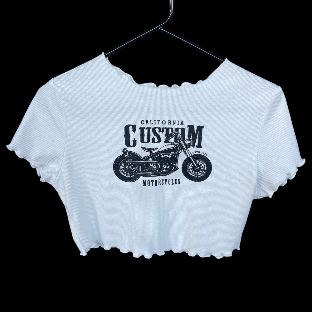 Shein‎ Crop Top Womens Large White Black Ribbed Motorcycle Cropped Lettuce Trim
